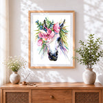 Finished watercolour floral unicorn paint by numbers artwork displayed as home decor