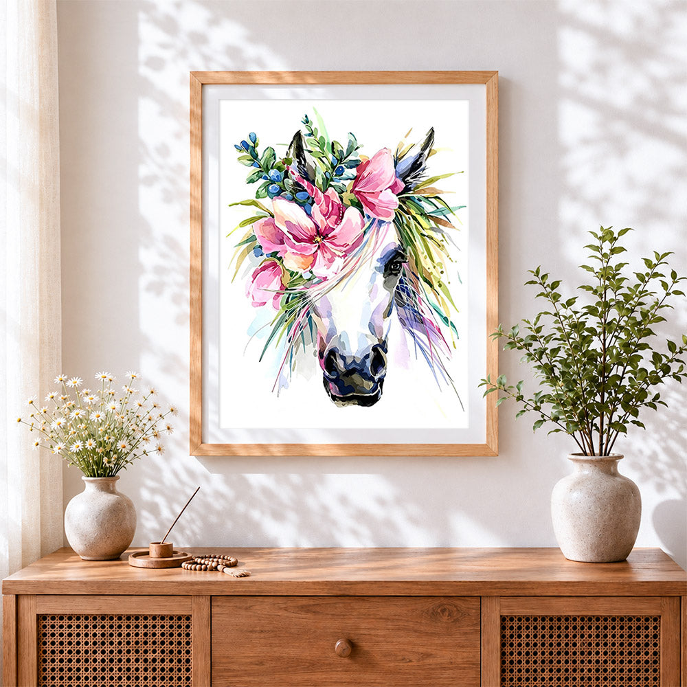 Finished watercolour floral unicorn paint by numbers artwork displayed as home decor