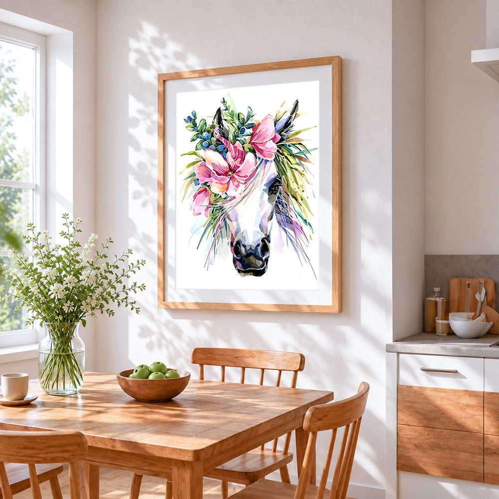 Watercolour floral unicorn paint by numbers artwork displayed on wall as home decor