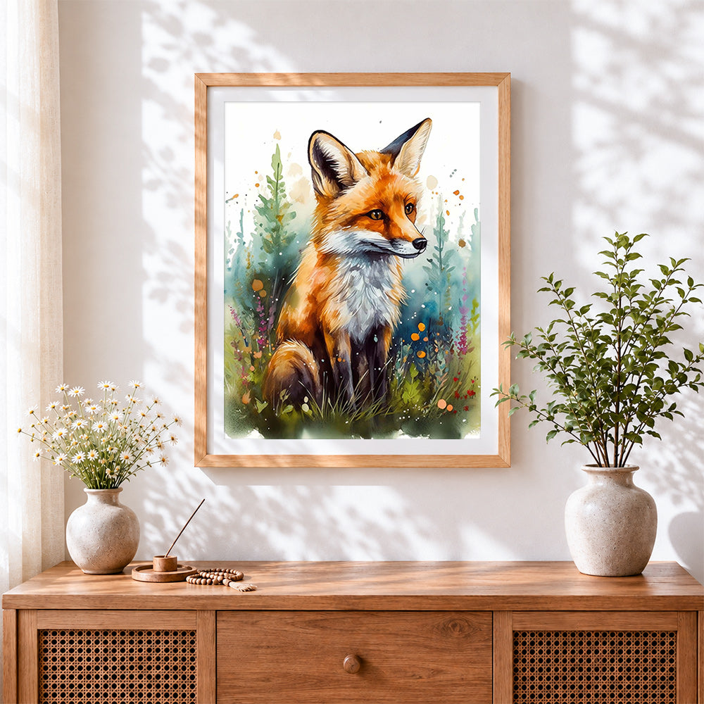 Finished watercolour fox in green grass paint by numbers artwork displayed as home decor