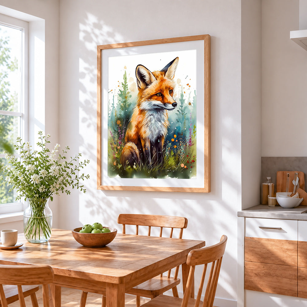 Watercolour fox in green grass paint by numbers artwork displayed on wall as home decor