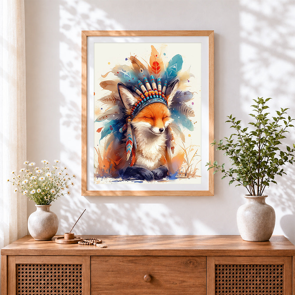 Finished watercolour fox with feather headdress paint by numbers artwork displayed as home decor