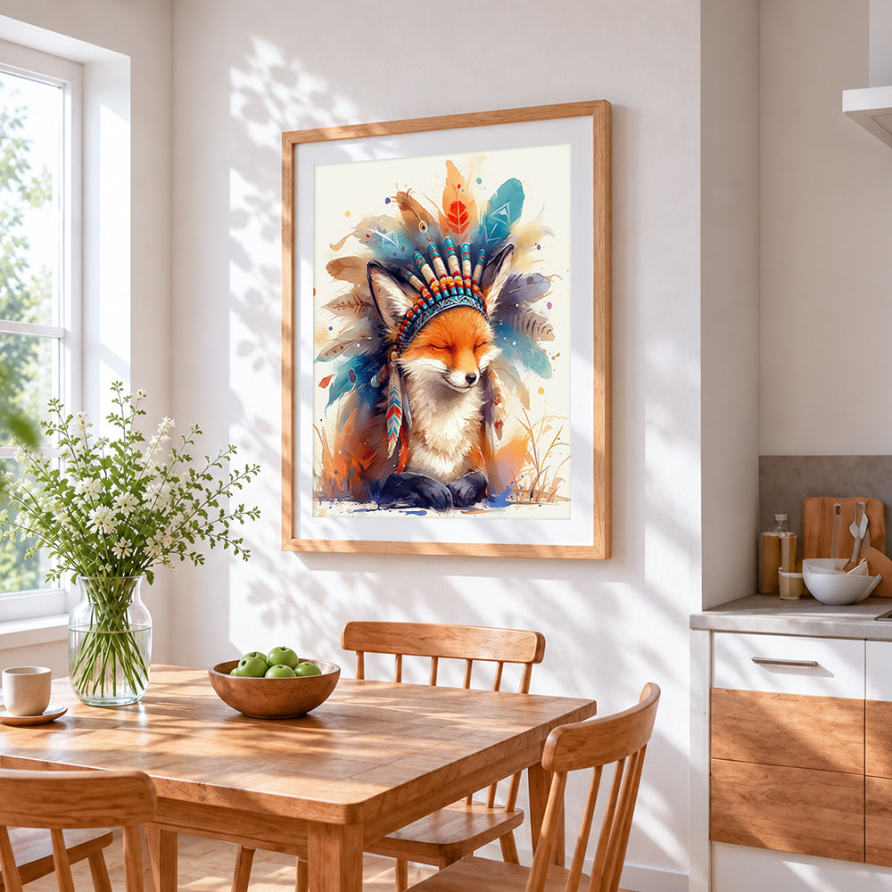 Watercolour fox with feather headdress paint by numbers artwork displayed on wall as home decor