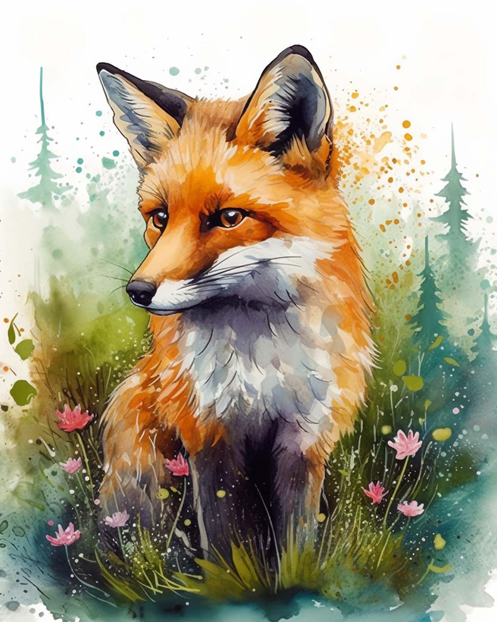 Watercolour fox with pink wildflowers paint by numbers kit for beginners