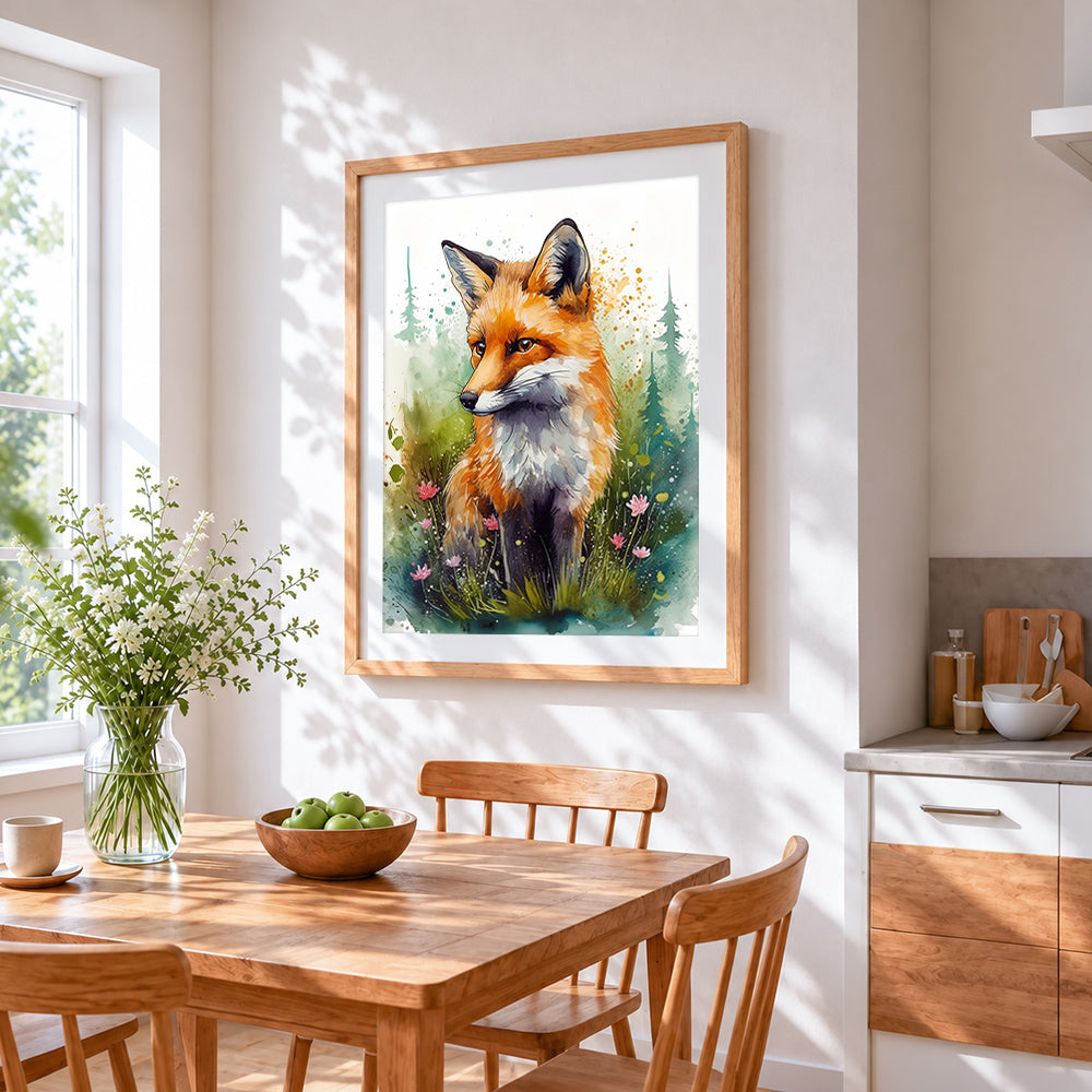 Watercolour fox with pink wildflowers paint by numbers artwork displayed on wall as home decor