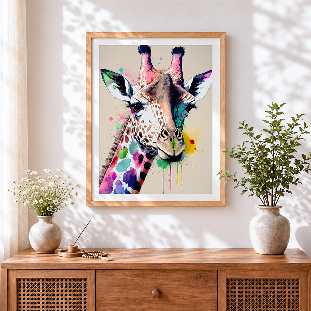 Finished watercolour giraffe with colour splashes cross stitch artwork displayed