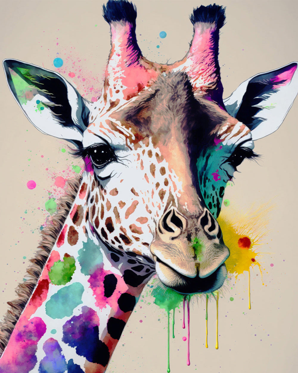 Watercolour giraffe with colour splashes cross stitch kit for beginners