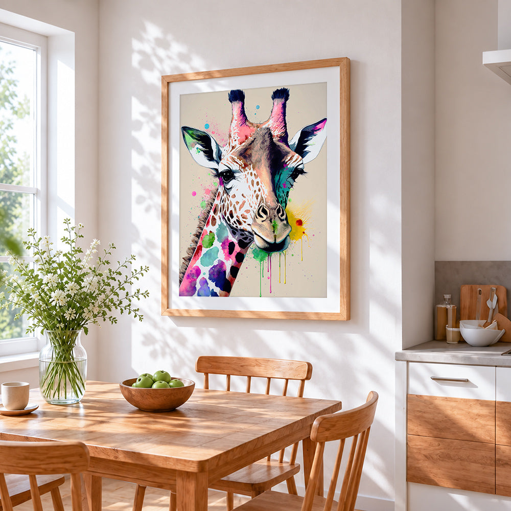Watercolour giraffe with colour splashes cross stitch artwork displayed on wall as home decor