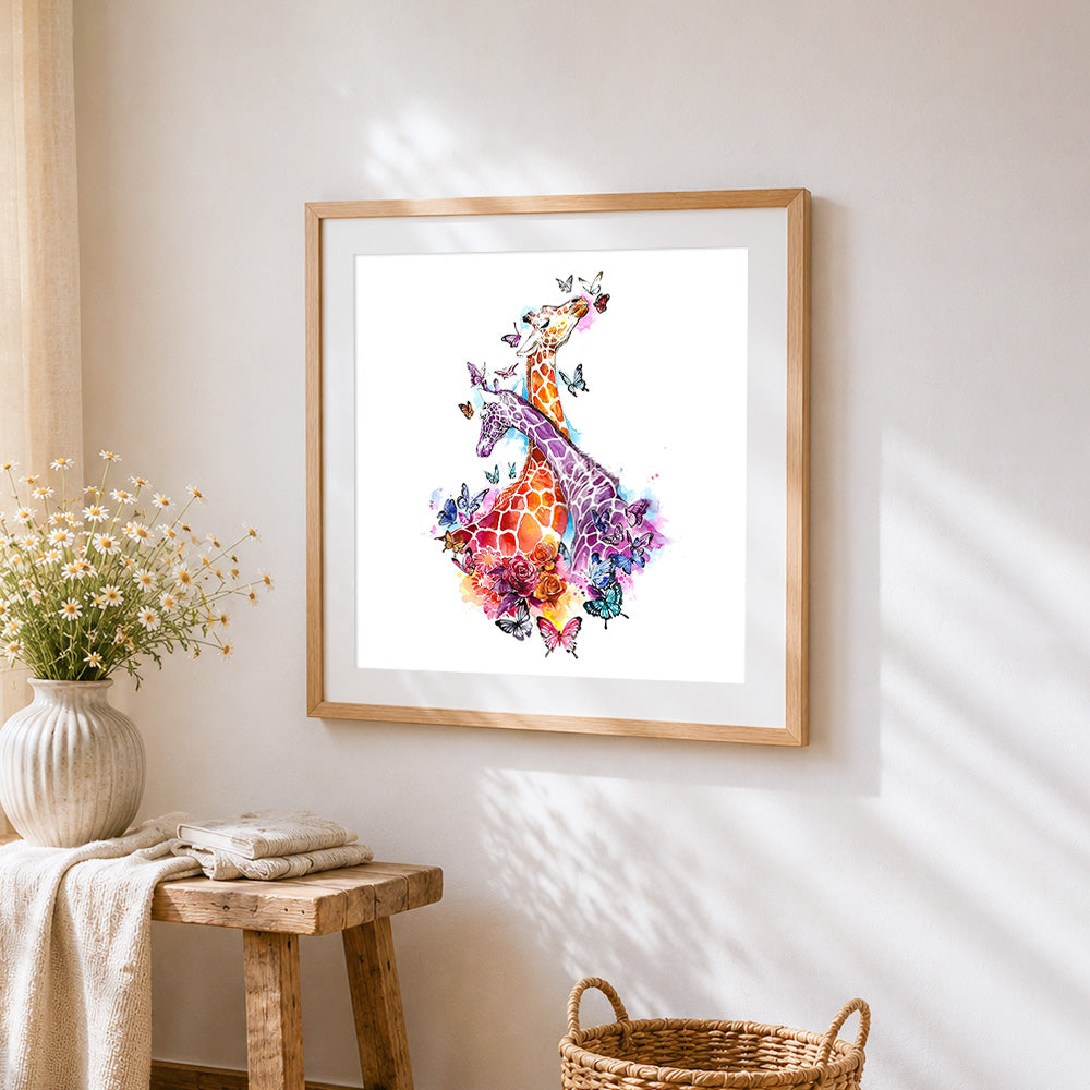 Watercolour giraffes and butterflies cross stitch artwork displayed on wall as home decor