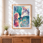 Finished watercolour girl and white wolf cross stitch artwork displayed