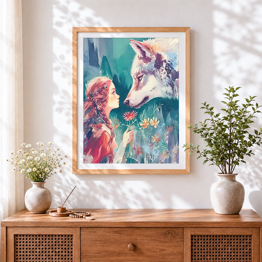 Finished watercolour girl and white wolf cross stitch artwork displayed