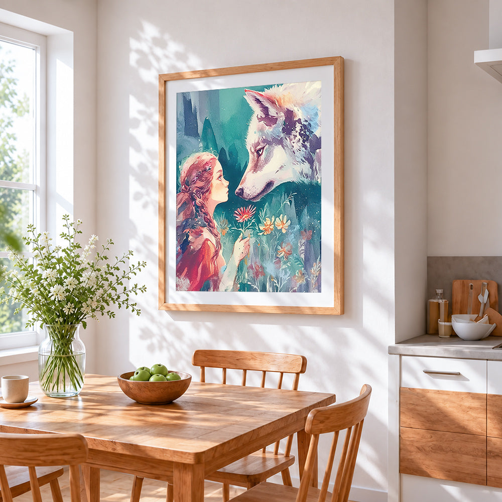 Watercolour girl and white wolf cross stitch artwork displayed on wall as home decor