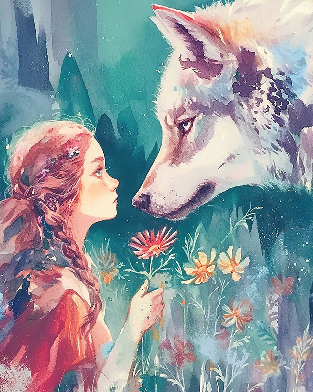 Watercolour girl and white wolf paint by numbers kit for beginners