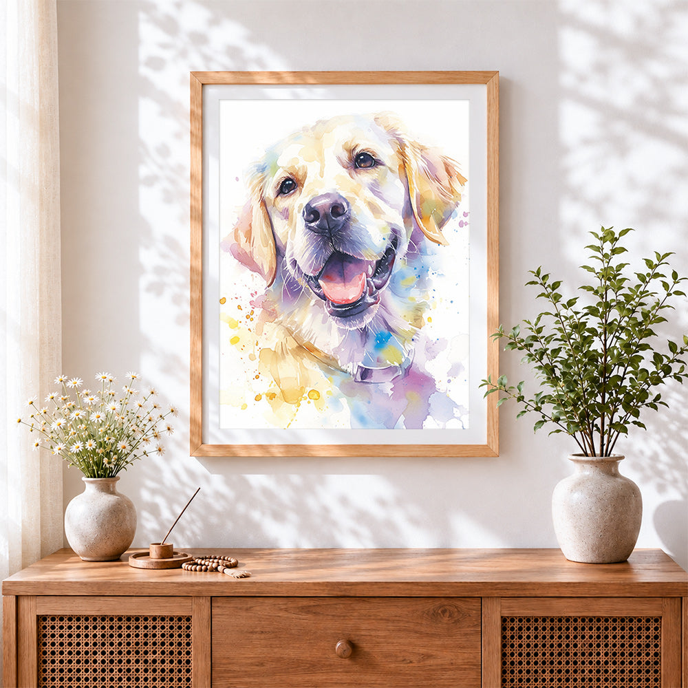 Finished watercolour golden retriever paint by numbers artwork displayed as home decor