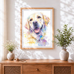 Finished watercolour golden retriever paint by numbers artwork displayed as home decor