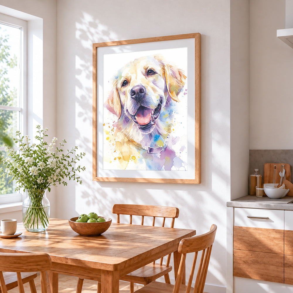 Watercolour golden retriever paint by numbers artwork displayed on wall as home decor