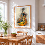Watercolour guitarist cross stitch artwork displayed on wall as home decor