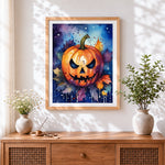 Finished watercolour halloween pumpkin and autumn leaves cross stitch artwork displayed