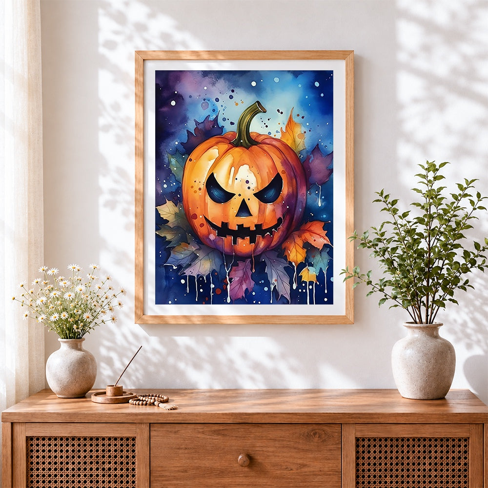 Finished watercolour halloween pumpkin and autumn leaves cross stitch artwork displayed