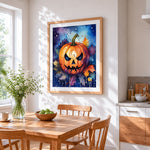 Watercolour halloween pumpkin and autumn leaves cross stitch artwork displayed on wall as home decor