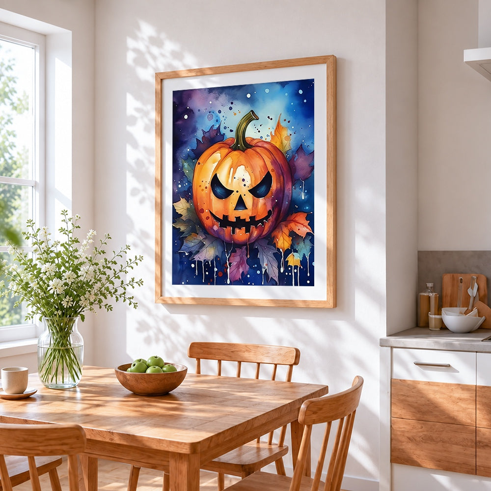 Watercolour halloween pumpkin and autumn leaves cross stitch artwork displayed on wall as home decor