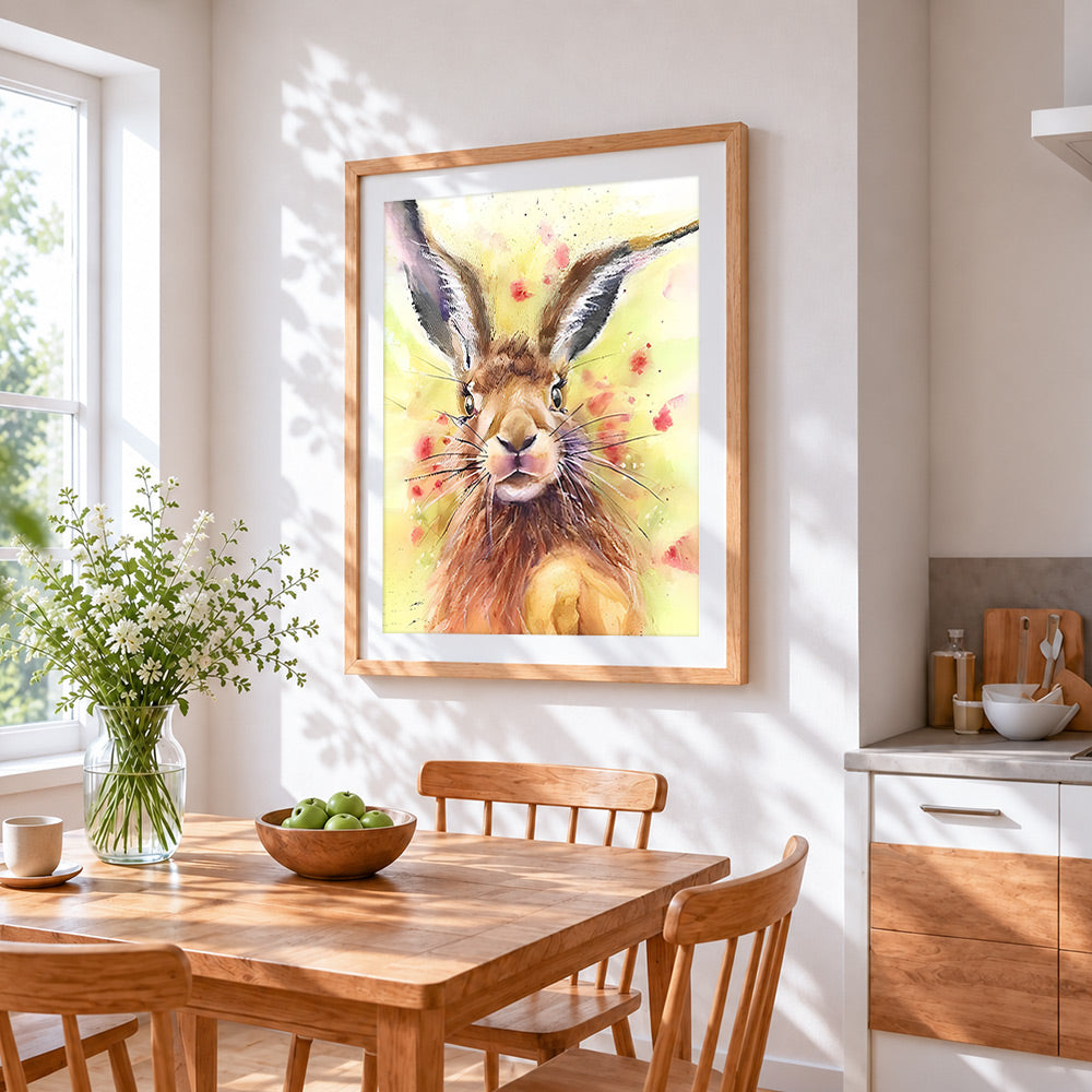 Watercolour hare with floral splash cross stitch artwork displayed on wall as home decor