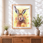 Finished watercolour hare with floral splash paint by numbers artwork displayed as home decor