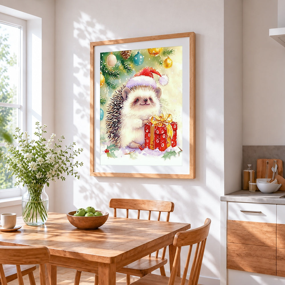 Watercolour hedgehog with christmas gift cross stitch artwork displayed on wall as home decor