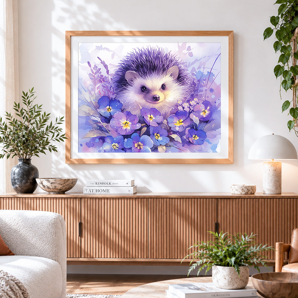 Finished watercolour hedgehog with purple flowers cross stitch artwork displayed