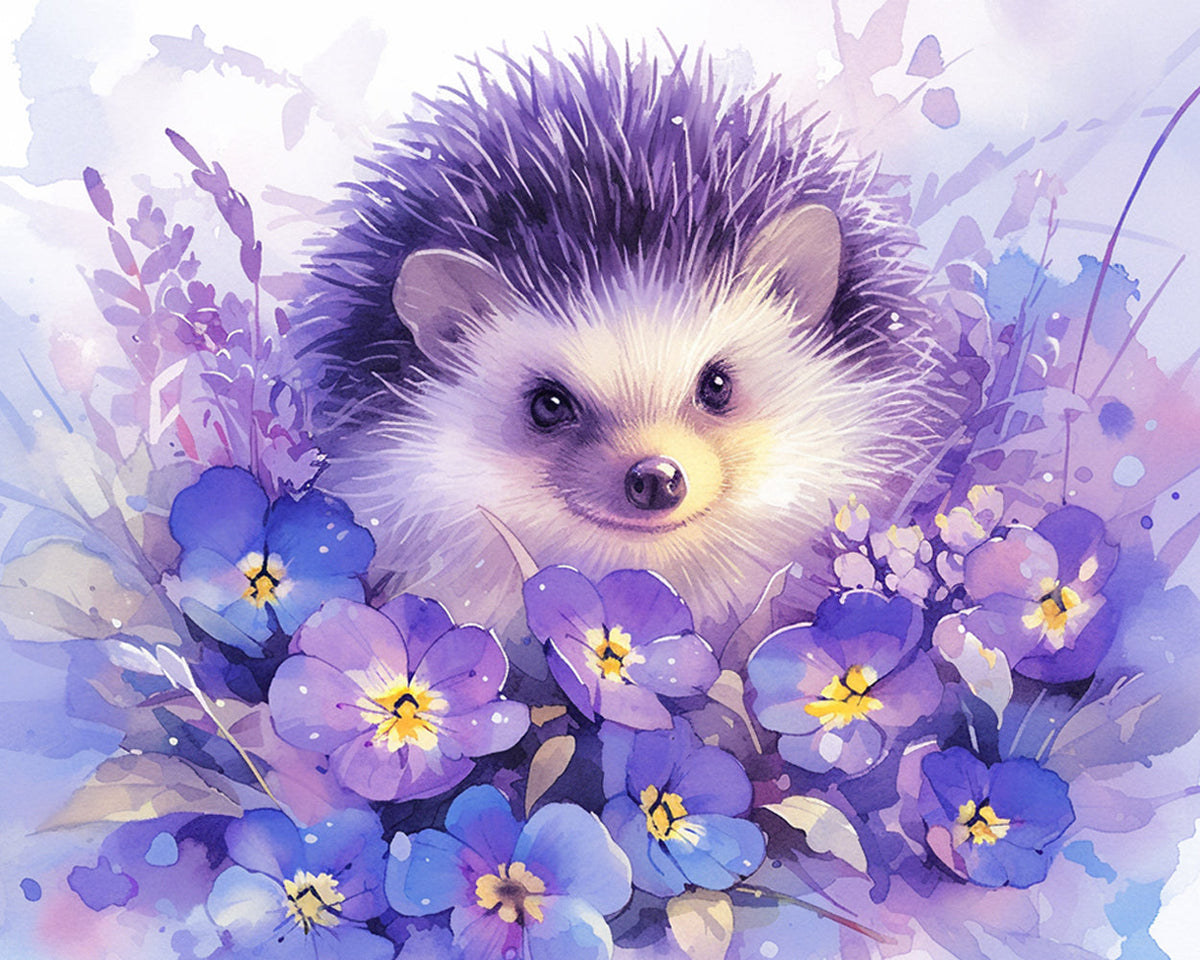Watercolour hedgehog with purple flowers paint by numbers kit for beginners