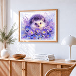 Watercolour hedgehog with purple flowers paint by numbers artwork displayed on wall as home decor