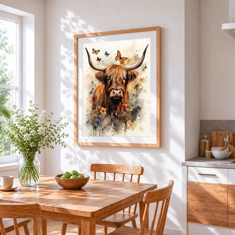 Watercolour highland cow and butterflies cross stitch artwork displayed on wall as home decor