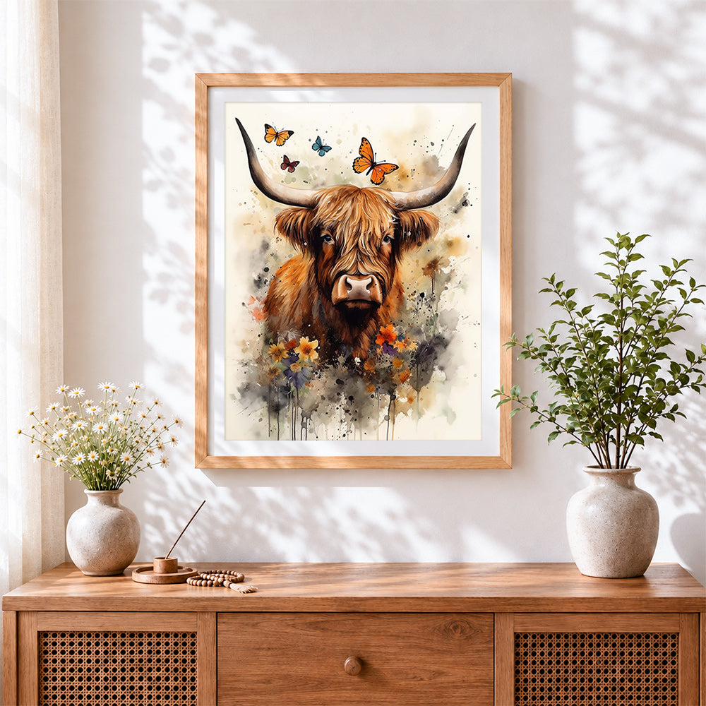 Finished watercolour highland cow and butterflies paint by numbers artwork displayed as home decor