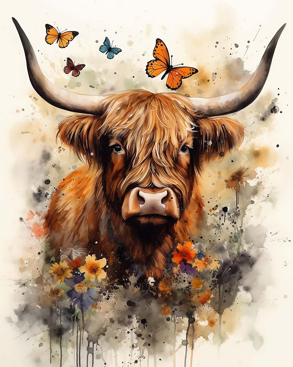 Watercolour highland cow and butterflies paint by numbers kit for beginners