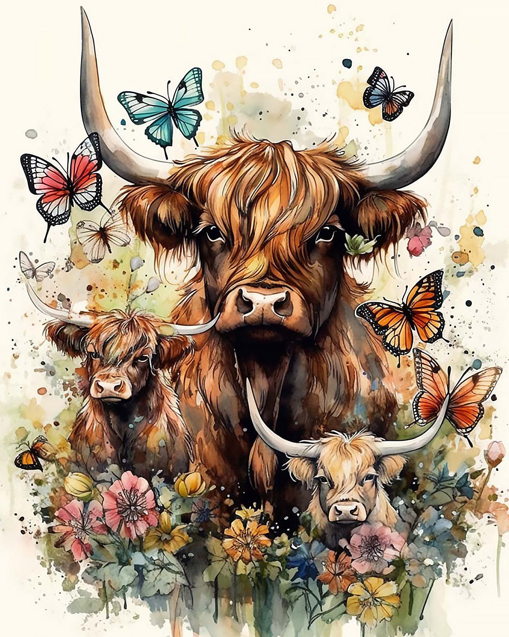 Watercolour highland cow family and butterflies cross stitch kit for beginners