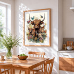 Watercolour highland cow family and butterflies cross stitch artwork displayed on wall as home decor