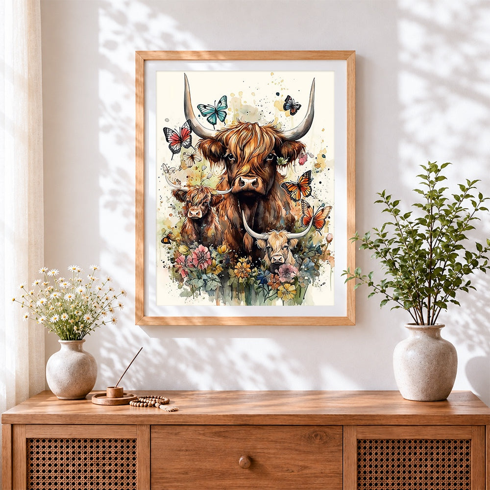 Finished watercolour highland cow family and butterflies paint by numbers artwork displayed as home decor