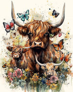 Watercolour highland cow family and butterflies paint by numbers kit for beginners