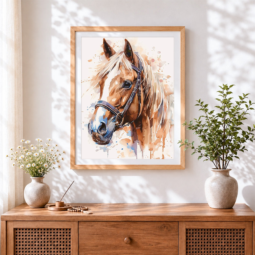Finished watercolour horse head cross stitch artwork displayed