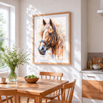 Watercolour horse head cross stitch artwork displayed on wall as home decor