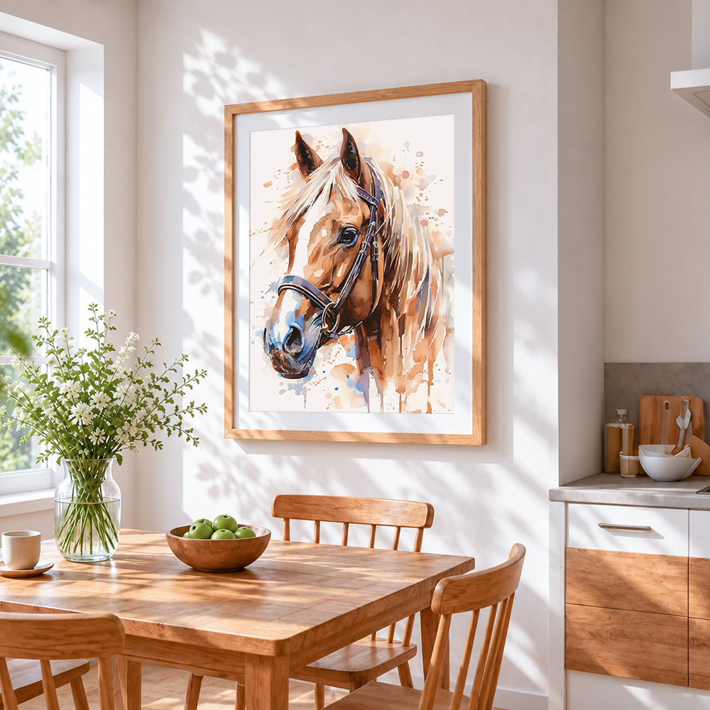 Watercolour horse head cross stitch artwork displayed on wall as home decor