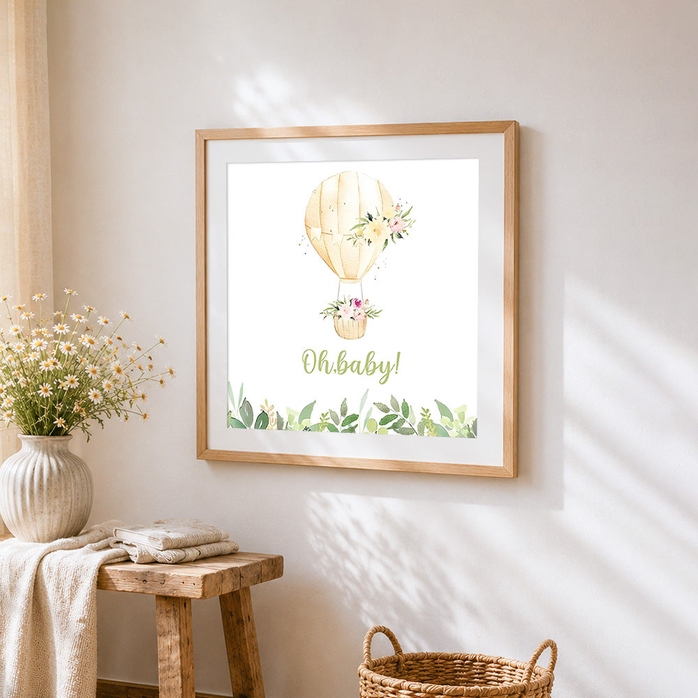Watercolour hot air balloon cross stitch artwork displayed on wall as home decor