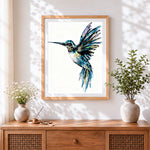 Finished watercolour hummingbird cross stitch artwork displayed