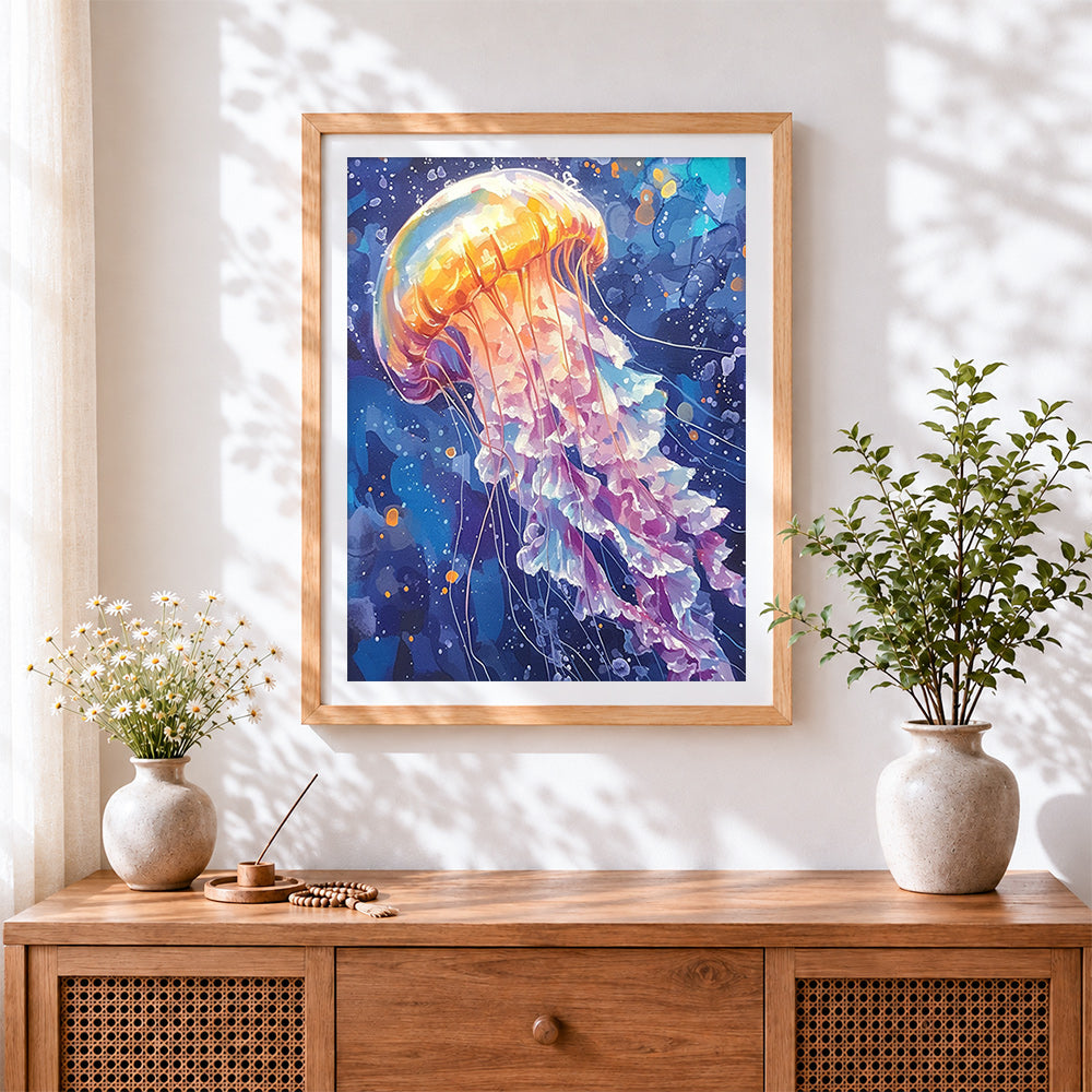 Finished watercolour jellyfish in ocean blue cross stitch artwork displayed