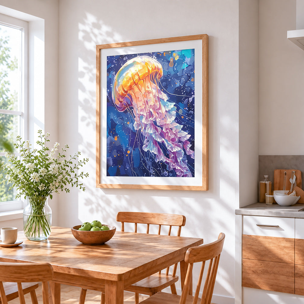 Watercolour jellyfish in ocean blue cross stitch artwork displayed on wall as home decor