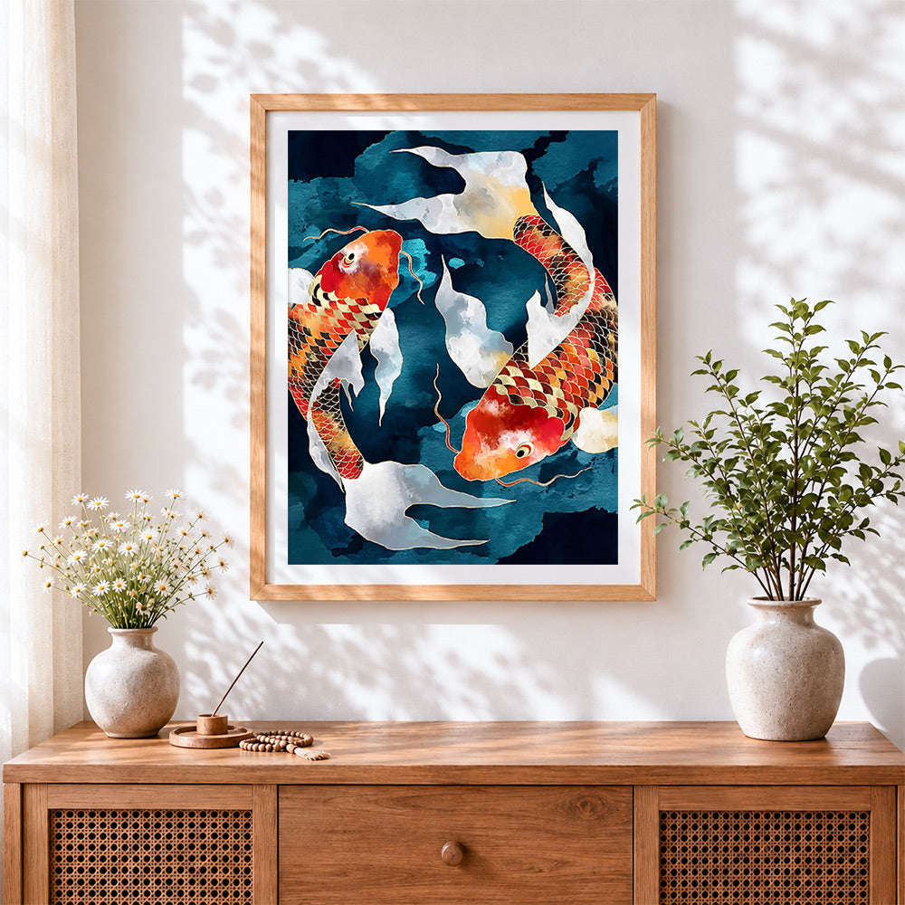 Finished watercolour koi fish cross stitch artwork displayed