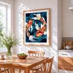 Watercolour koi fish cross stitch artwork displayed on wall as home decor