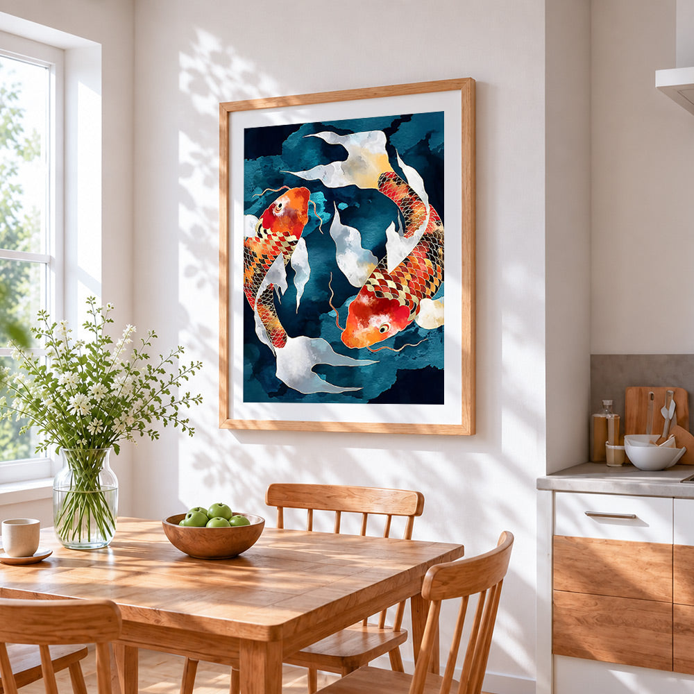 Watercolour koi fish cross stitch artwork displayed on wall as home decor