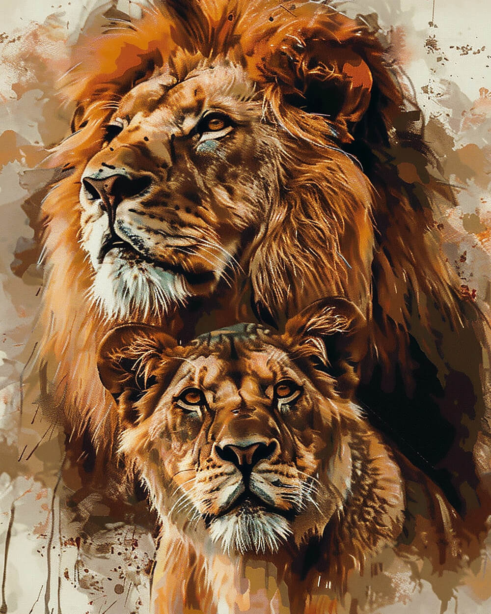 Watercolour lion and lioness portrait cross stitch kit for beginners