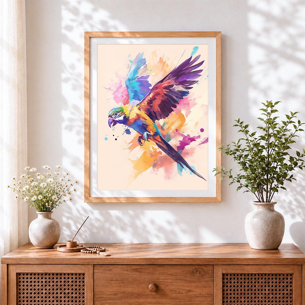 Finished watercolour macaw in flight cross stitch artwork displayed